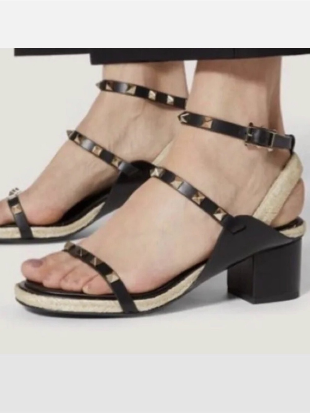 VALENTINO Studded Black Ankle-Strap Block Heel Sandals 36 1/2